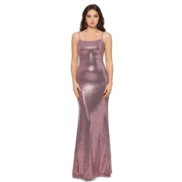 Adam Pink Sequin Maxi Gown Spaghetti Strap Prom - Picture 4 of 13